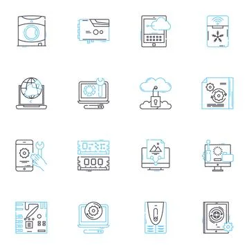 Tech devices linear icons set. Smartph, Tablet, Laptop, Computer, Smartwatch Illustrazione stock