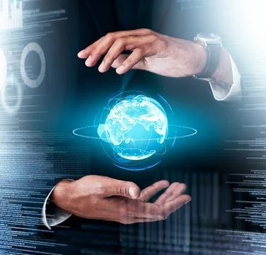 Tech digital, world globe and businessman hands, hologram data blockchain or Stock Photos