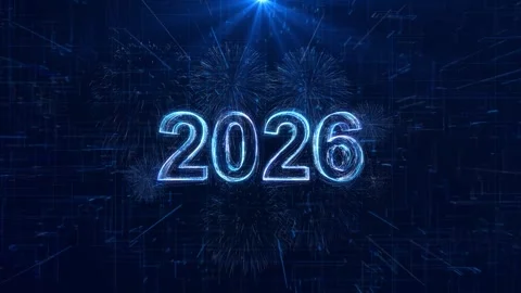 Tech Digits 2026 new year design neon glow Abstract cosmic vibrant technology Stock Footage 320785064