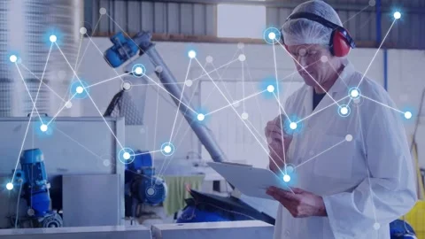 Tech donning hairnet as data overlay growing over motors, consulting clipboard Stock Footage 333414161