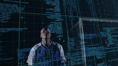 Tech-driven soccer player reacting to code overlay near goalpost rival scanning Stock Footage 316352138