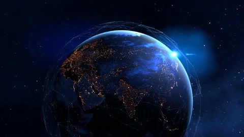 Tech earth globalization in 3d animation. Global Business dots on rotating plane Stock Footage 193914539