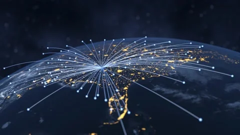 Tech earth globalization in 3d animation. Global Business dots on rotating plane Stock Footage