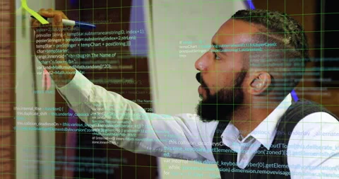 Tech educator contemplating board then drawing yellow arrow with code overlay Stock Footage 311506489