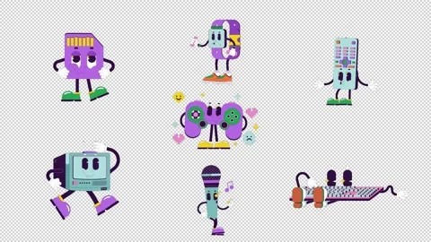 Tech electronics groovy retro characters animation set 스톡 동영상 334656523