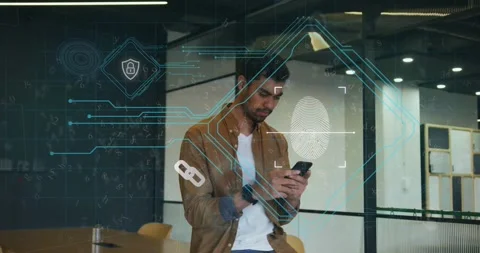Tech engineer tapping smartphone initiating animated fingerprint scan with Stock Footage 320287514