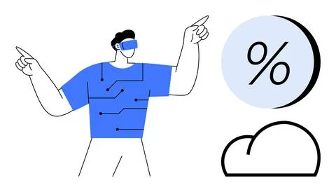 Tech Enthusiast Experiencing Augmented Reality with Virtual Cloud Computing Stock Illustration