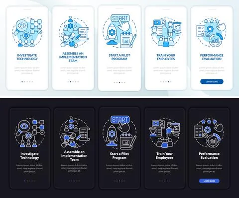 Tech execution steps onboarding mobile app page screen Stock Illustration