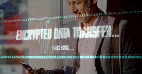 Tech executive tapping smartphone, revealing encrypted transfer progress moving Stock Footage 317741189