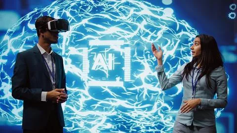 Tech experts presenting VR headset and AI tech during summit presentation Stock Photos