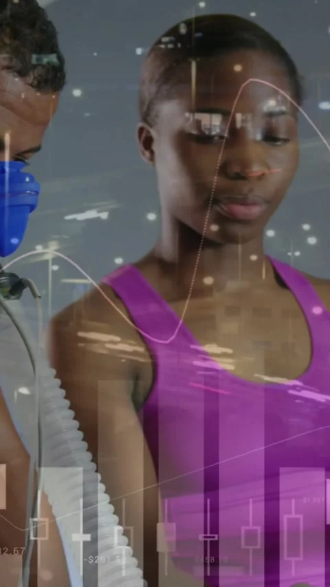 Tech fitting blue mask,hose, animating candlestick line graphs for fitness, Stock Footage 330430371
