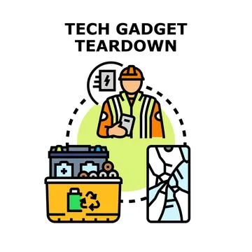 Tech gadget teardown electronic waste recycling process Stock Illustration
