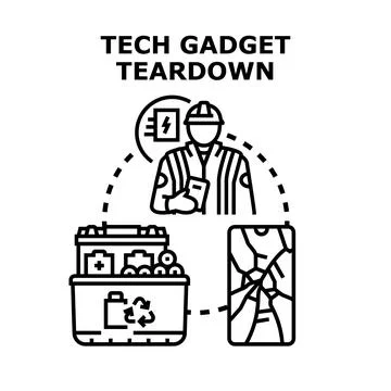 Tech gadget teardown electronic waste recycling process Stock Illustration