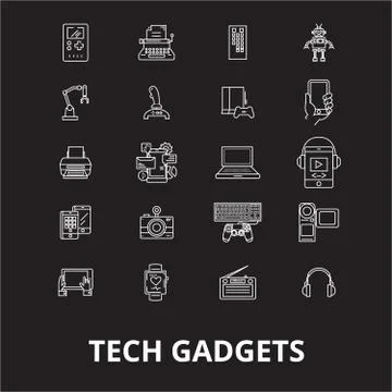 Tech gadgets editable line icons vector set on black background. Tech gadgets Stock Illustration