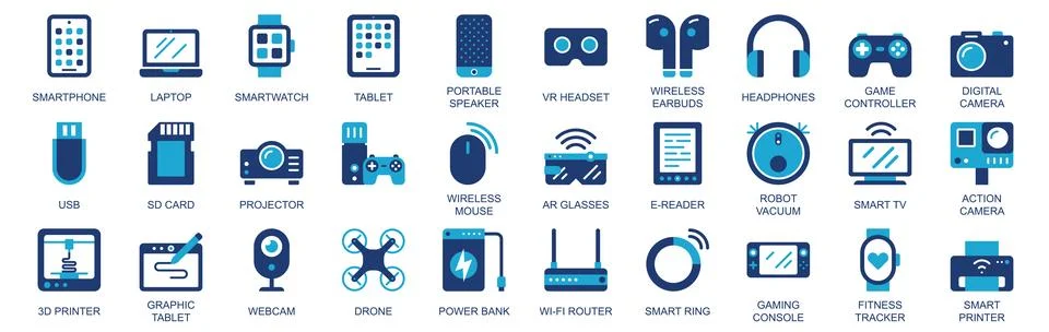 Tech gadgets icon set in flat duotone solid icons web design. Pack pictogra.. Stock Illustration