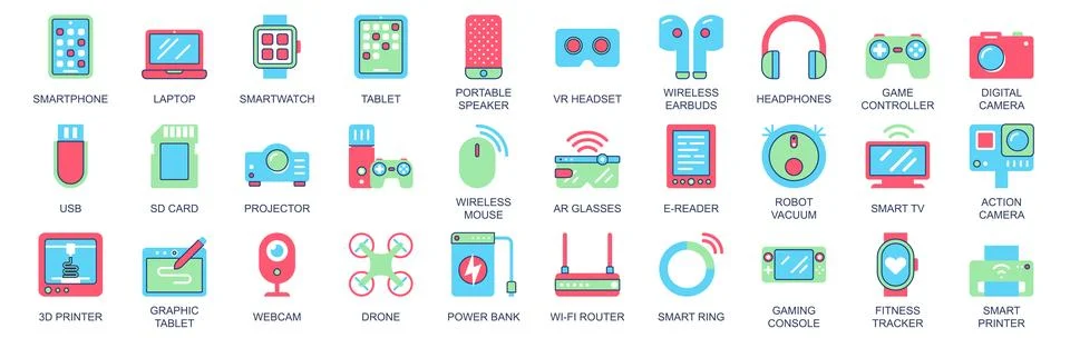 Tech gadgets icon set in flat color icons web design. Pack pictograms with sm Stock Illustration