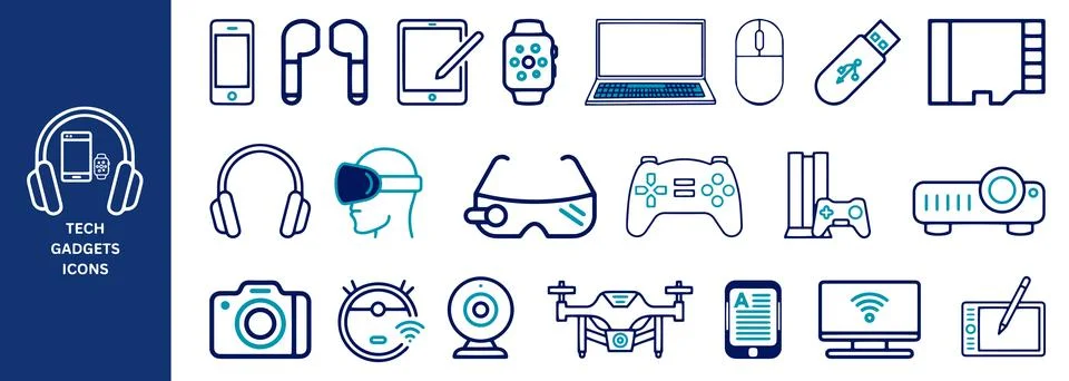 Tech Gadgets Icon Set. smartphone, headphones, laptop, tablet, smartwatch. Stock Illustration