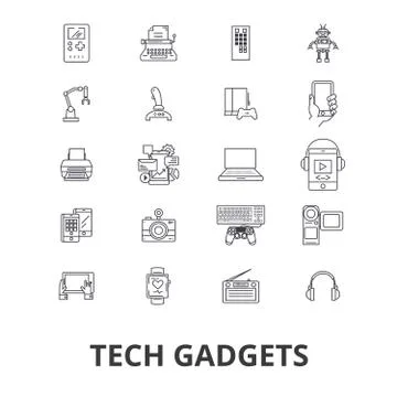 Tech gadgets, technology, electronics, laptop, tablet, camera, headphones lin Stock Illustration
