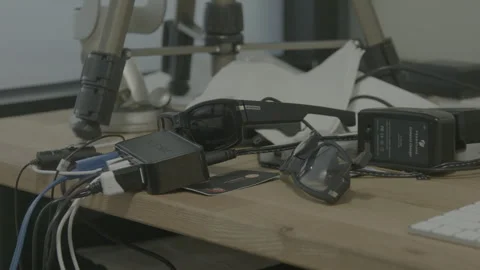 Tech Gear and Smart Glasses on Wooden Desk Stock Footage 343878471