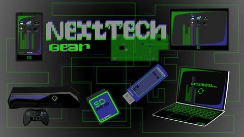 Tech Gear: drawing of fictional tech gear with a fictional brand name Stock Illustration