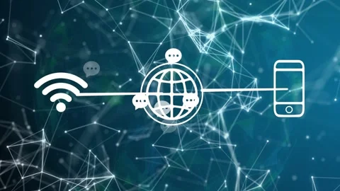 Tech globe and phone receiving data, emitting chat bubbles along line, Video stock 332577656