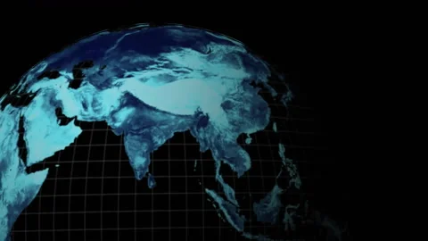 Tech globe entering view with grid overlay, glitch splitting surface to show Видео 310283475