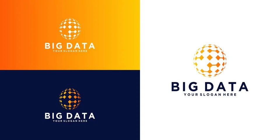 Tech globe logo design with interconnected broken circles and business cards Illustrazione stock