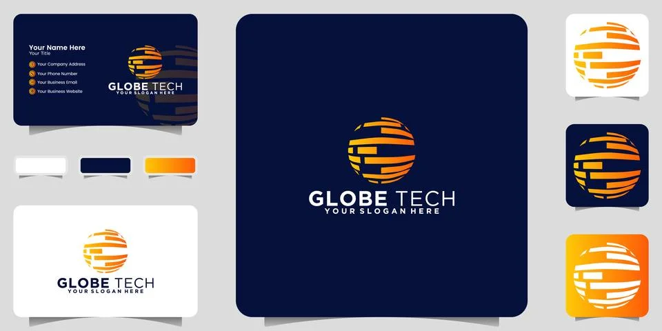 Tech globe logo design with stripes and business card Stock Illustration