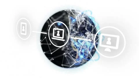 Tech globe rotating in frame, devices sliding in and powering blue network for Video stock 333901143