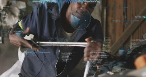 Tech grasping wrench applying torque on engine while blue HUD guiding repair and 库存影片 329930793