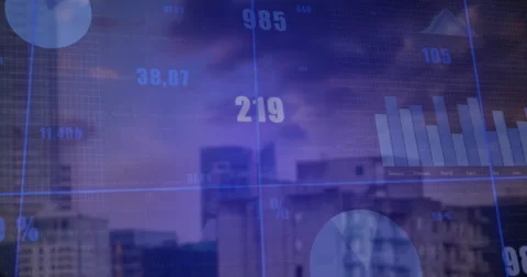 Tech grid overlay appearing over city dusk starting animated bar chart pie chart Stock Footage 313168737