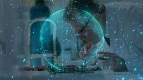 Tech gripping driver, tightening board for electronics repair, holo globe Stock Footage 331635431