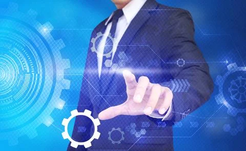 Tech guy pressing high technology control panel screen concept Stock Illustration