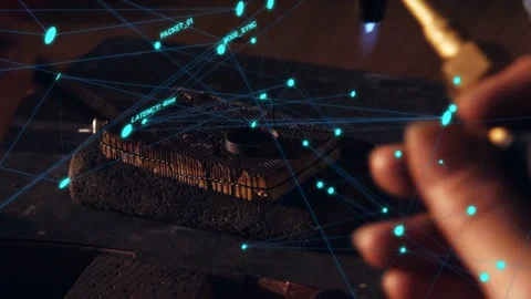 Tech hand applying blowtorch to pin grid growing cyan node web around component Video stock 332522446