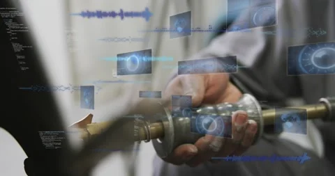 Tech hands initiating blue HUD, sliding, turning brass nozzle handle, testing Stock Footage 331109294