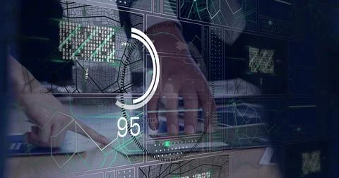 Tech hands typing code on laptop at office desk, with coffee cup, digital data Stock Photos