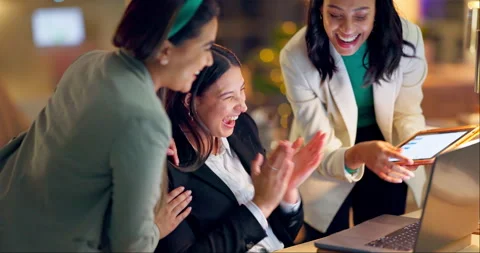 Tech, high five and applause with business women in the office together for Stock Footage 252455310