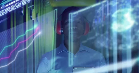 Tech holding tablet in lab while data projecting bars, waves, orb over chest, Stock Footage 331227159