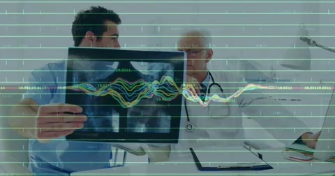 Tech holding X-ray toward light, senior doctor pointing, animated graphs Stock Footage 331227514