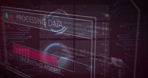 Tech holo dashboard with dials connecting to server, processing data, filling Stock Footage 328366232