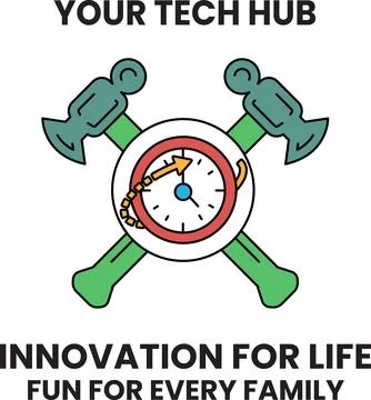 Tech hub logo with crossed tools and clock face Illustrazione stock