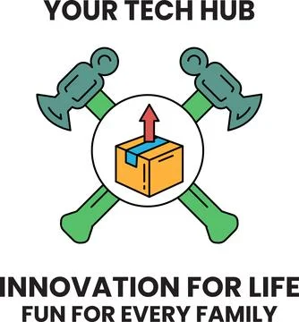 Tech hub logo features crossed axes around a box with an arrow 스톡 일러스트