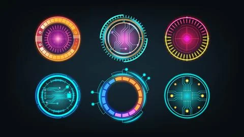 Tech HUD dashboard. Interface colorful display. Futuristic cyber round pane.. Stock Illustration