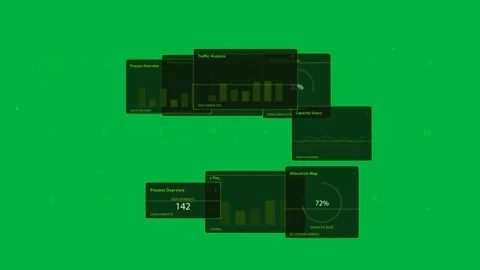 Tech HUD sliding on data input on transparent grid, reticles linking panels, Stock Footage 334118891