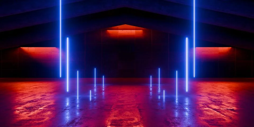 Tech Industrial Sci Fi Tunnel With Harsh Neon Laser Lines Glowing Over Conc.. Ilustração Stock