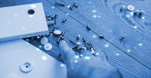 Tech-Infused Assembly with Screws and Digital Overlay Stock-Illustration