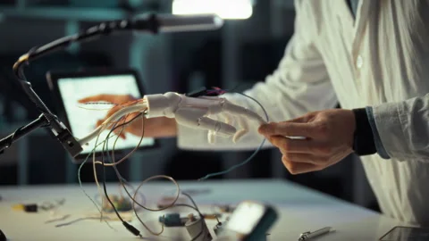 Tech innovation in action with a researcher assembling a robotic hand protot Stock Footage 331363476