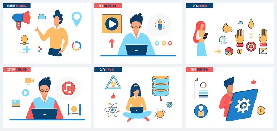 Tech innovation, analysis and data storage, website content improvement and tiny Illustrazione stock