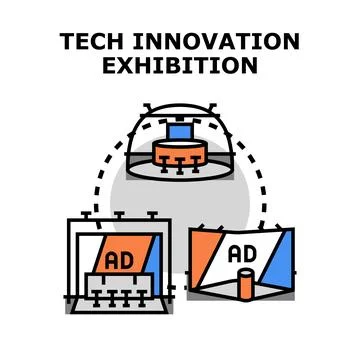 Tech innovation exhibition displays presenting marketing concepts Ilustração Stock
