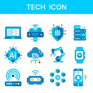 Tech Innovation Icon Set – AI, Cybersecurity, Cloud, and More Illustrazione stock